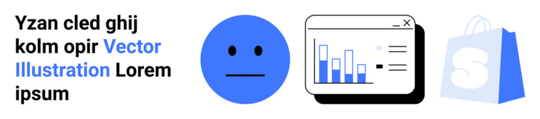 Sad face, data analytics window with bar chart and shopping bag. Ideal for business presentations, data analysis, e-commerce, marketing, customer satisfaction. Landing page