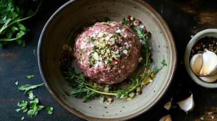 Raw minced beef in a ceramic bowl, with herbs, garlic, and spices around it, creating a perfect setup for meatball preparation