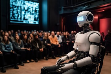 Fototapeta premium A humanoid robot sits in front of a blurred audience