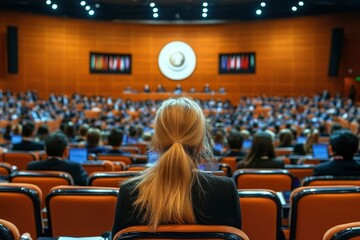 A woman with long blonde hair sits in an auditorium, facing a large crowd.