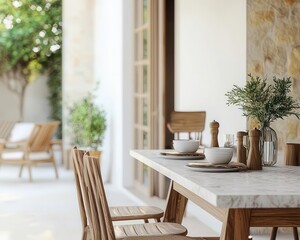 Teak and marble dining table, outdoor terrace, tropical decor, natural sunlight