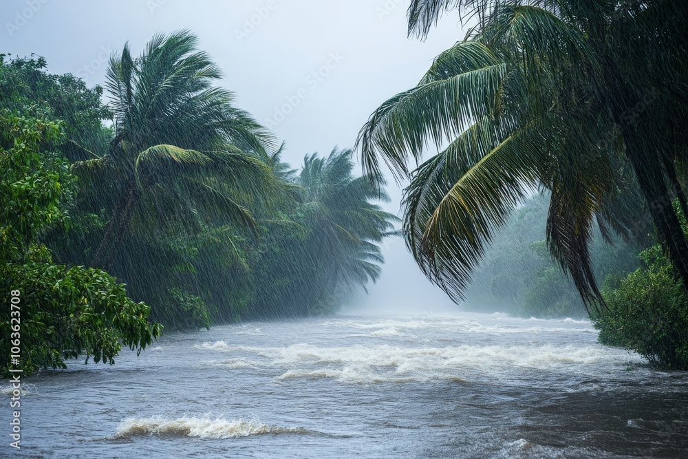 Poster a tranquil tropical river meanders beneath tall, swaying palm trees as rain cascades gently down, cr