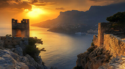 Obraz premium Golden Sunset Over Sea With Ruins