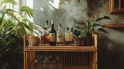 A stylish bar cart featuring various bottles and plants.