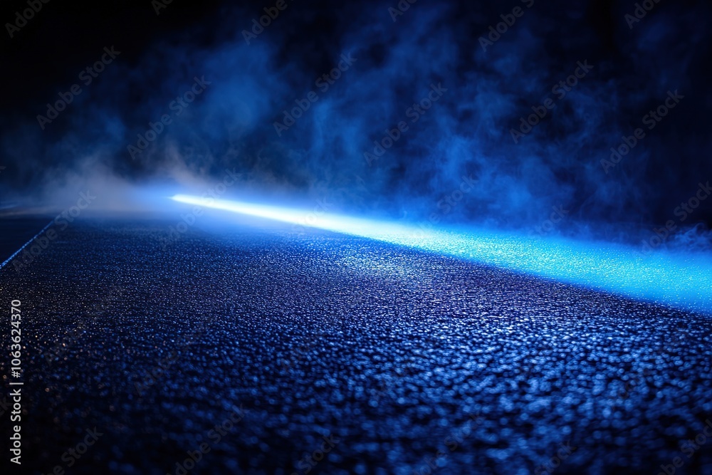 Wall mural a dark blue background with rays of light shining down on an empty asphalt road, creating a dramatic