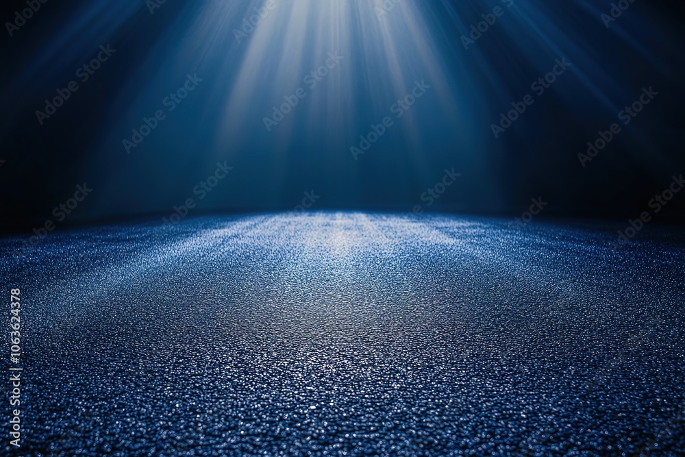 Wall mural a dark blue background with rays of light shining down on an empty asphalt road, creating a dramatic