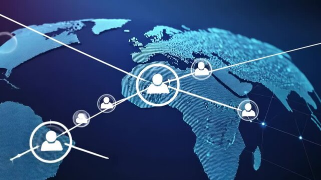 Global network concept with digital world map in blue tones. Connection icons and data flow visualization. Futuristic technology background with glowing circuit elements.