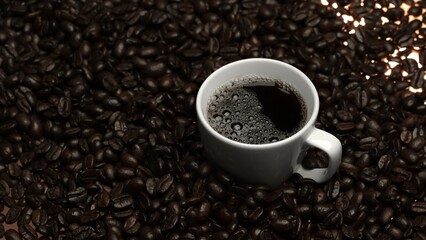 Top view of coffee or espresso with piles of coffee beans. Close up of fresh roasted coffee bean scatter around wooden table with cup of americano and aromatic stream and smoke from seed. Comestible.