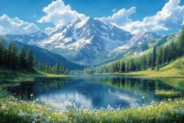 Fototapeta premium Alpine Paradise Mirrored: Where Snow-Capped Peaks Touch Azure Skies, Creating Nature's Perfect Symphony Through Crystal Lakes and Wildflower Dreams in Mountain's Most Majestic Reflection