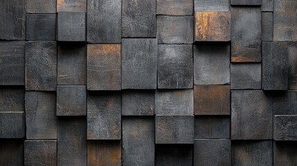A dark, textured wall made of square wooden tiles.
