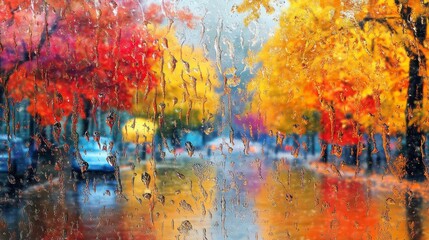 A vibrant autumn scene with colorful trees seen through a rain-splattered window.