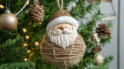 Rustic Santa ornament hanging on a Christmas tree branch with fairy lights and natural decor, creating a cozy holiday ambiance