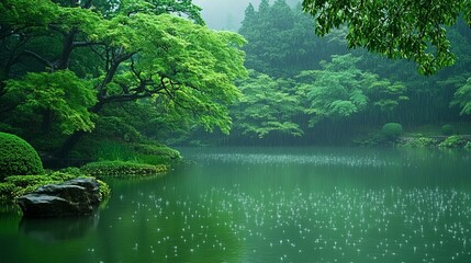 Obraz premium A serene green landscape with a tranquil pond surrounded by lush trees and gentle rain.