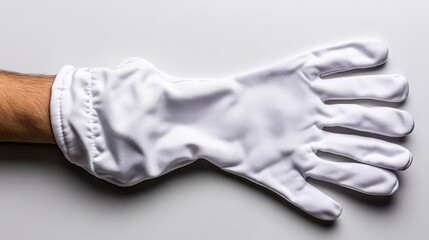 White Cotton Gloves: A close-up shot of a hand wearing a white cotton glove, showcasing its soft texture and clean appearance.  
