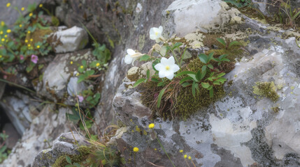 Flowers grow among the stones
