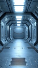 Obraz premium A futuristic, metallic corridor illuminated by bright lights, suggesting a sci-fi or space setting.
