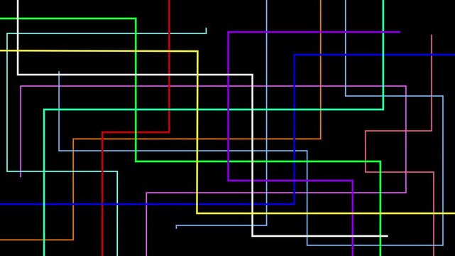 Geometric pattern of colorful intersecting lines growing on black background. 4K abstract animation.