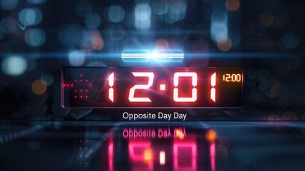 Digital clock display highlighting opposite day at 12:01 with neon lights