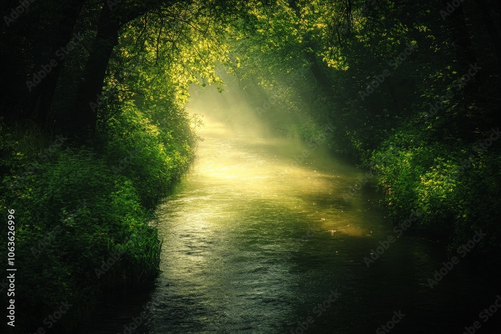 Poster a serene stream winds through a lush forest, where sunlight pierces the dense canopy, illuminating t