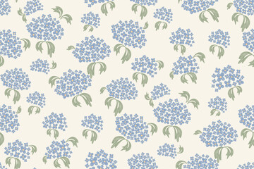 Vintage floral pattern wallpaper seamless minimal blue hydrangea flower watercolour style embroidery texture motifs vector illustration design hand drawn background border. © Wita Pixs