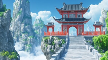 Obraz premium A serene traditional structure set against majestic mountains and clouds, evoking tranquility and beauty.