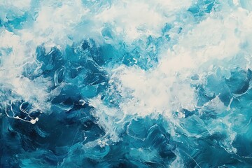 Fototapeta premium Abstract blue and white painting of ocean waves, with thick brush strokes, smooth edges, a blue background