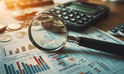 Magnifying Glass on Financial Data and Calculator - Powered by Adobe