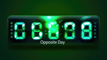 Glowing digital clock displaying opposite day in vibrant green neon light