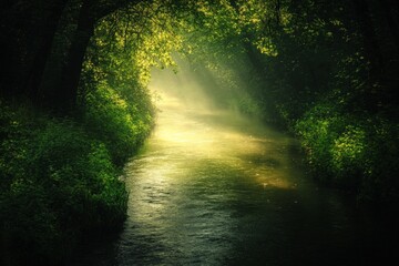 A serene stream winds through a lush forest, where sunlight pierces the dense canopy, illuminating the foliage with a golden glow and creating a tranquil ambiance.