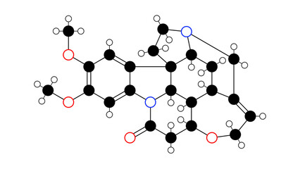 brucine molecule, structural chemical formula, ball-and-stick model, isolated image alkaloid