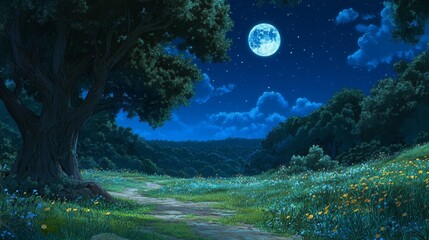 A serene night landscape featuring a moonlit sky, lush trees, and a winding path through a meadow.