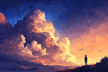 Silhouette Person Watching Sunset with Dramatic Sky and Clouds