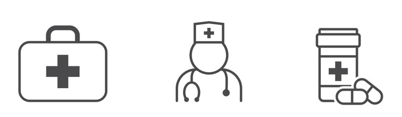 Medical line icons. Pills, first aid kit and doctor symbols. Isolated vector image in simple style
