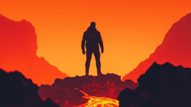 Adventurer Standing on the Edge of a Volcano