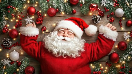 Obraz premium Santa ornament nestled among festive holiday decor, with warm holiday lighting and cozy Christmas tree decorations