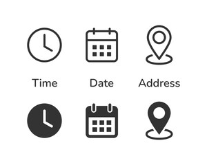 Date, time, and location address icon set vector illustration.
