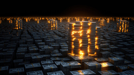 Fototapeta premium Stacks of money with glowing light, symbolizing wealth and investment trends