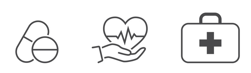 Medical line icons. Pills, first aid kit and heart in hand symbols. Isolated vector image in simple style