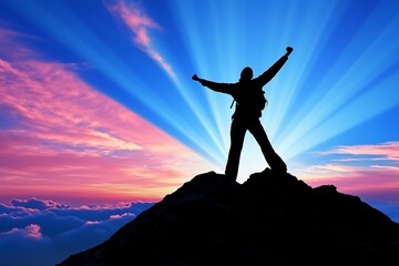 Silhouette of a Person Standing on a Mountain Peak at Sunset