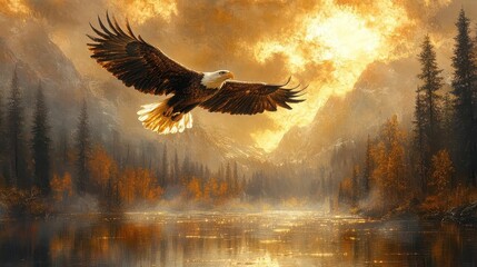 Fototapeta premium majestic bald eagle soaring gracefully over glistening water embodying freedom and strength in a breathtaking natural setting
