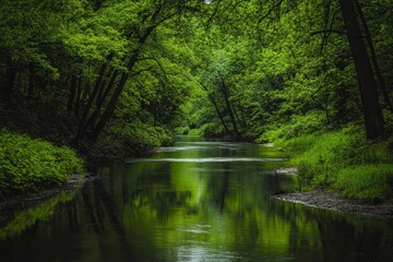 Fototapeta premium A beautiful image of a serene river flowing smoothly through a lush, vibrant forest, enhancing the natural beauty and creating a picturesque, tranquil ambiance.