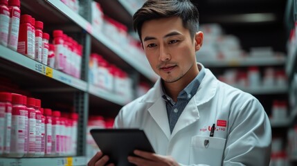 A young pharmacist in a white coat uses a tablet to check inventory in a pharmacy.