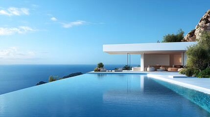 Fototapeta premium Modern House With Infinity Pool Overlooking Ocean - 3D Illustration