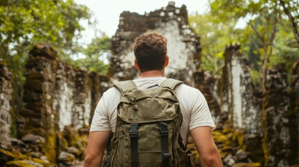 Obraz premium Adventurous Traveler at Ancient Ruins in Nature