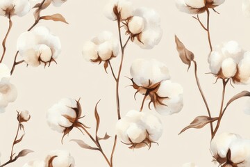 seamless watercolor pattern of cotton flowers on beige background for printing on fabric or wallpaper