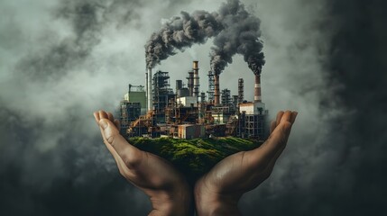 Gloomy industrial world with factories and smoke held in hands, symbolizing pollution crisis.