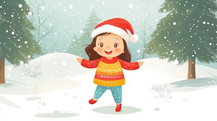 cute little girl walks in winter forest illustration