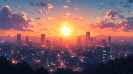 Obraz premium Cityscape Illustration with Sunset and Clouds