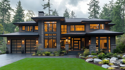 Naklejka premium Modern House with Stone Facade and Large Windows - Photo