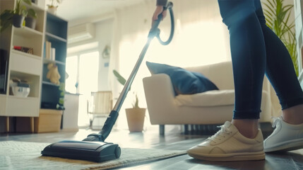 Photo of a woman cleaning the carpet with a vacuum cleaner